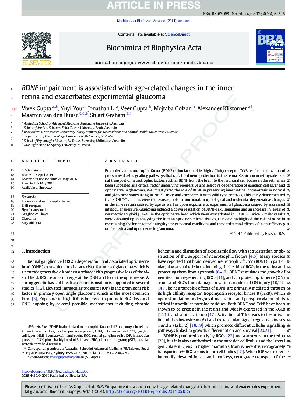 BDNF impairment is associated with age-related changes in the inner retina and exacerbates experimental glaucoma