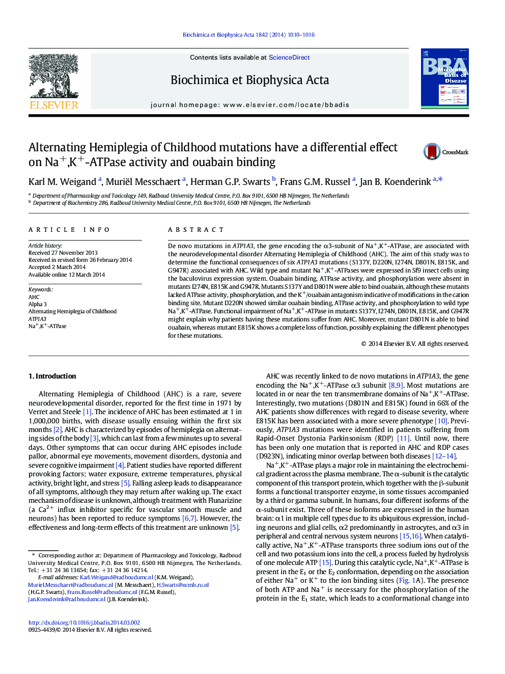 Alternating Hemiplegia of Childhood mutations have a differential effect on Na+,K+-ATPase activity and ouabain binding