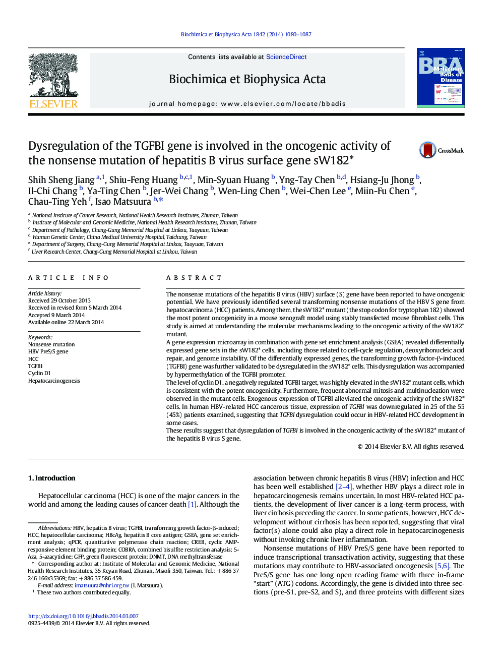 Dysregulation of the TGFBI gene is involved in the oncogenic activity of the nonsense mutation of hepatitis B virus surface gene sW182*