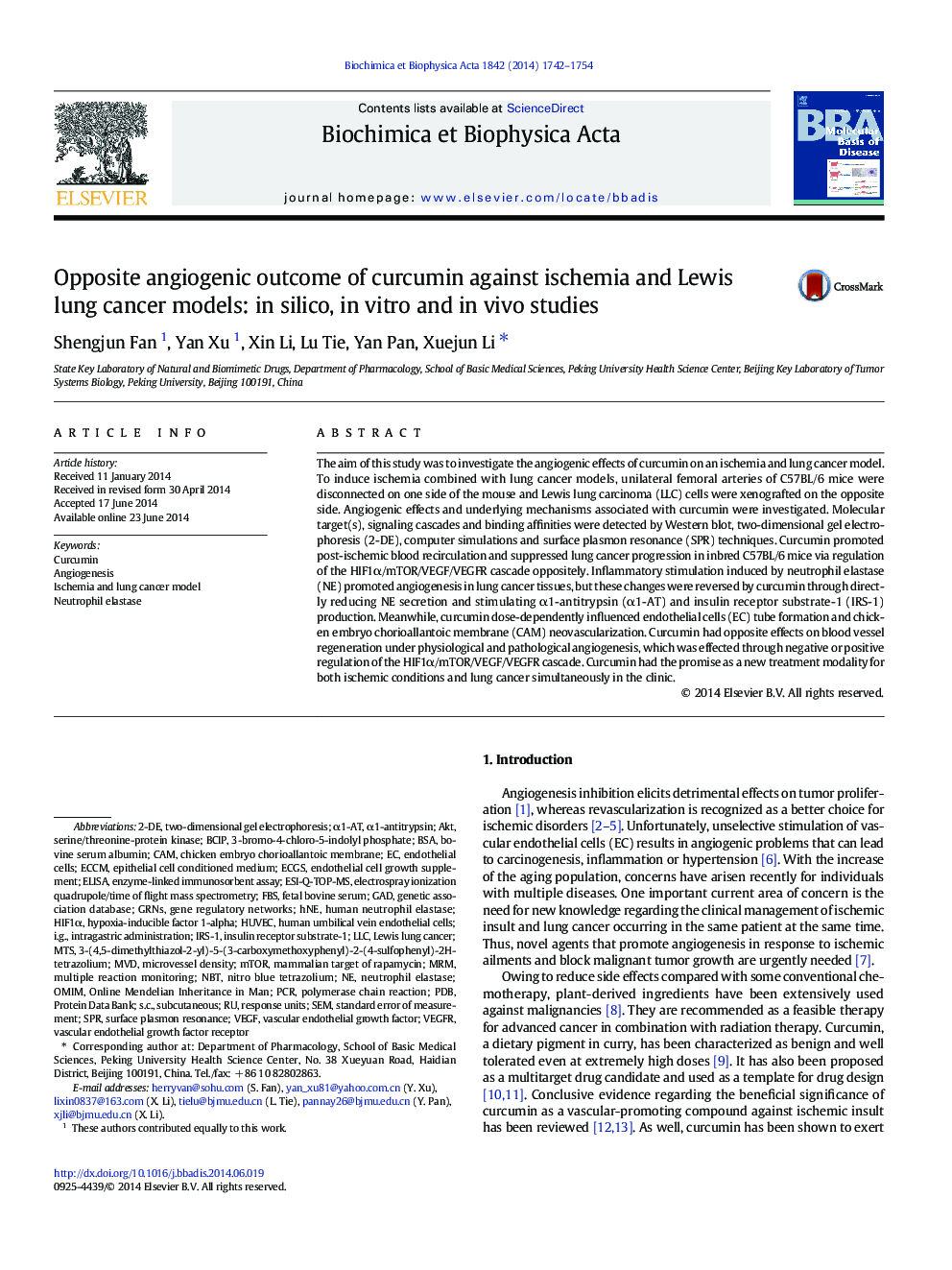 Opposite angiogenic outcome of curcumin against ischemia and Lewis lung cancer models: in silico, in vitro and in vivo studies