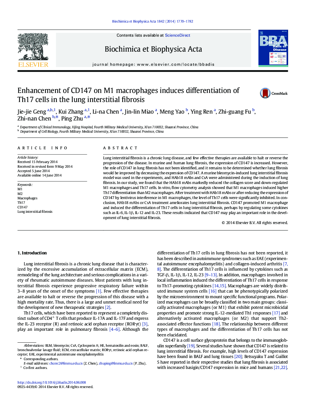 Enhancement of CD147 on M1 macrophages induces differentiation of Th17 cells in the lung interstitial fibrosis