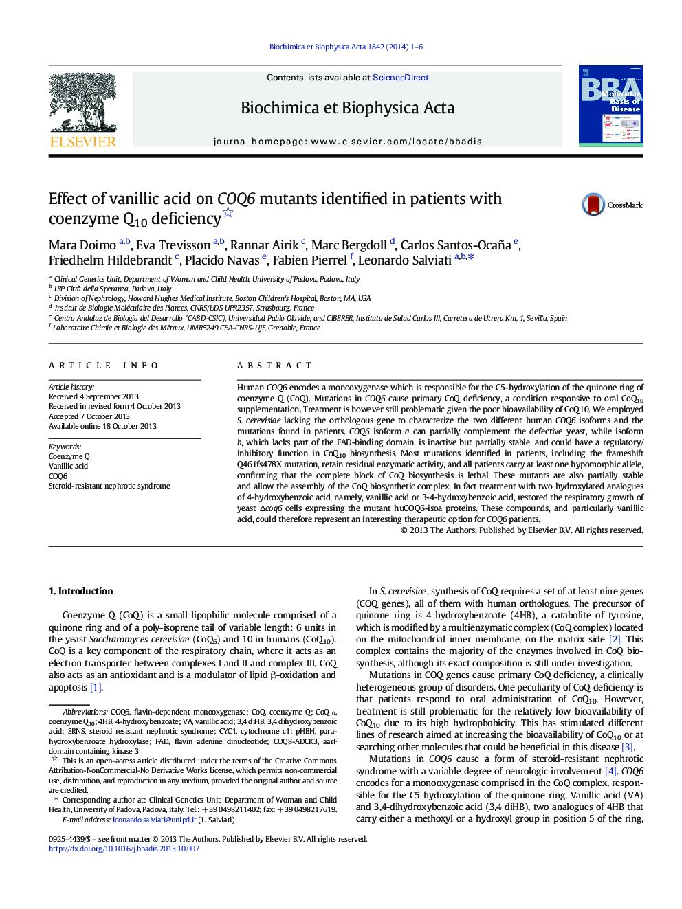 Effect of vanillic acid on COQ6 mutants identified in patients with coenzyme Q10 deficiency