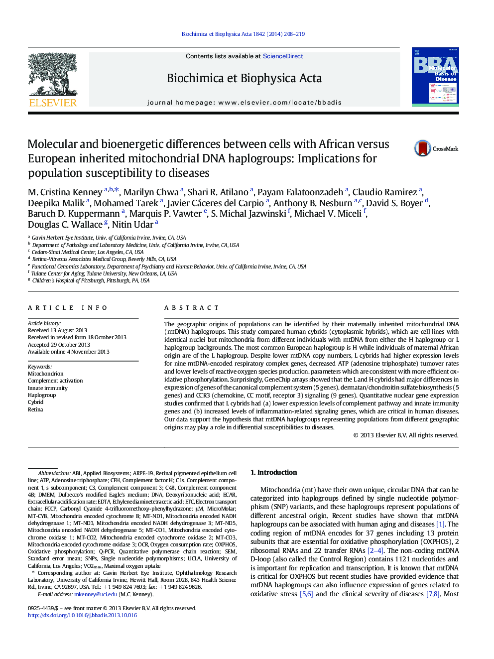 Molecular and bioenergetic differences between cells with African versus European inherited mitochondrial DNA haplogroups: Implications for population susceptibility to diseases