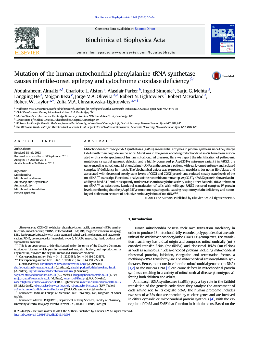 Mutation of the human mitochondrial phenylalanine-tRNA synthetase causes infantile-onset epilepsy and cytochrome c oxidase deficiency