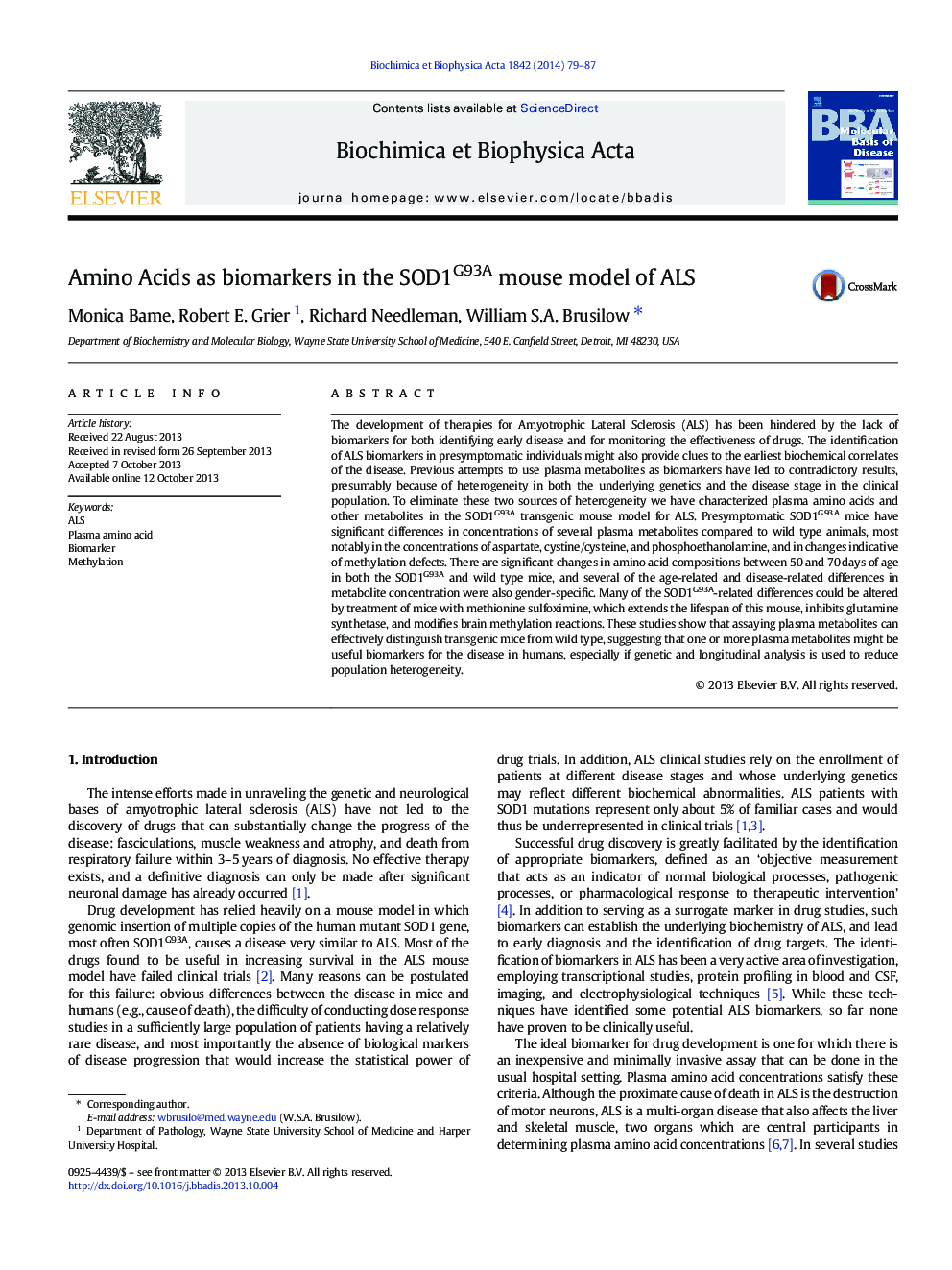 Amino Acids as biomarkers in the SOD1G93A mouse model of ALS