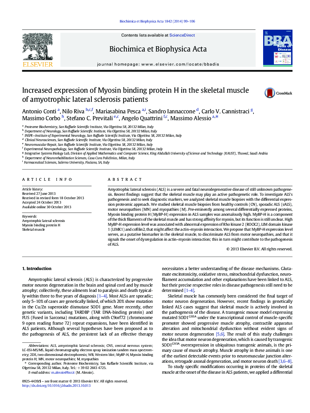 Increased expression of Myosin binding protein H in the skeletal muscle of amyotrophic lateral sclerosis patients