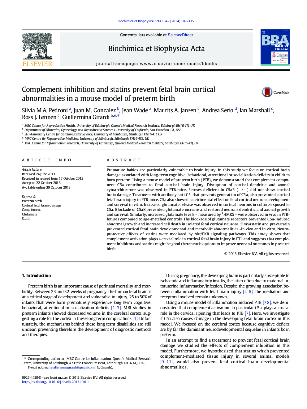 Complement inhibition and statins prevent fetal brain cortical abnormalities in a mouse model of preterm birth