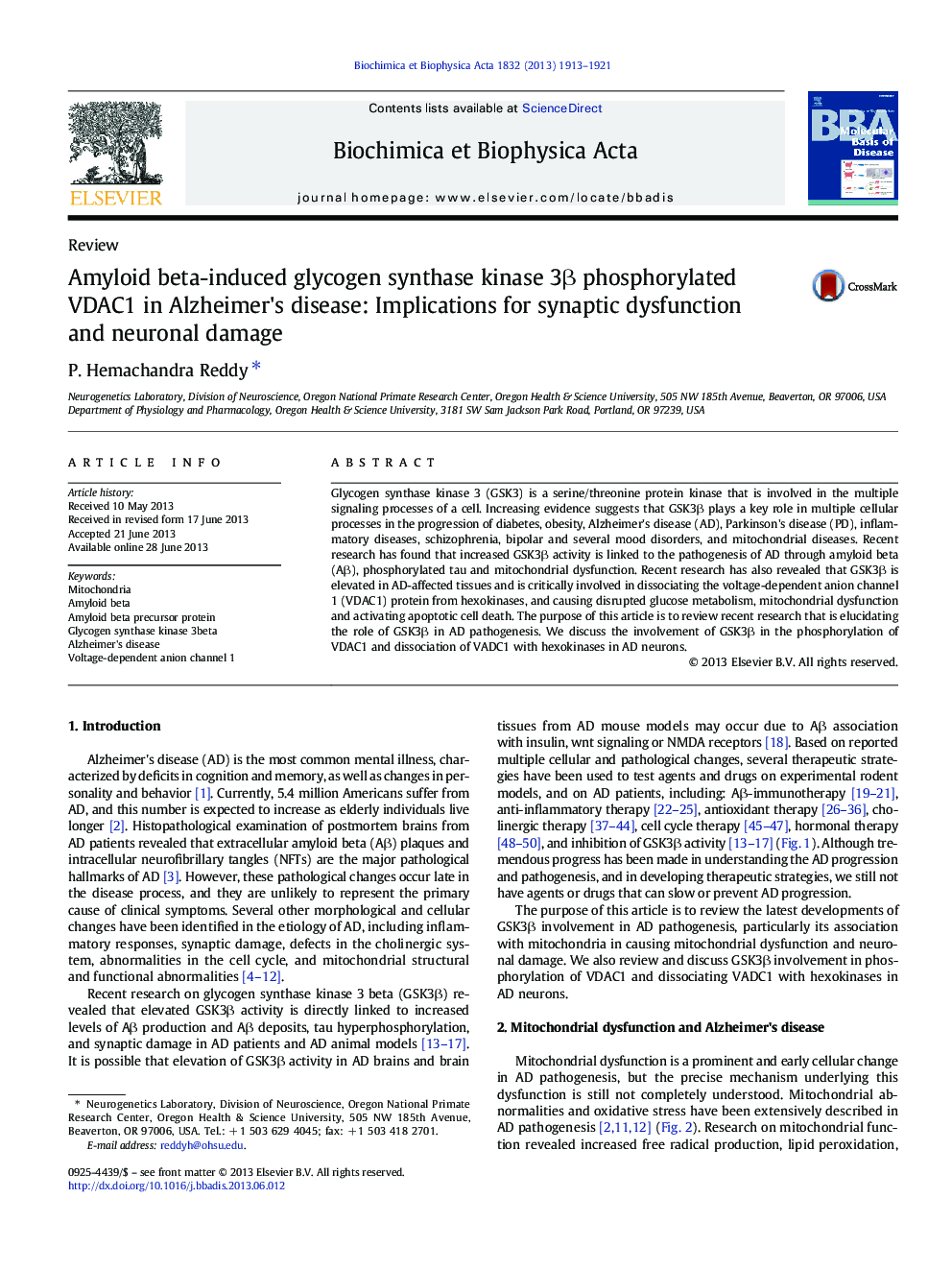 Amyloid beta-induced glycogen synthase kinase 3Î² phosphorylated VDAC1 in Alzheimer's disease: Implications for synaptic dysfunction and neuronal damage