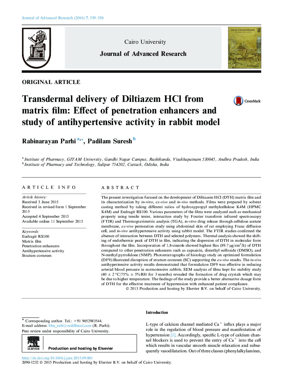 Transdermal delivery of Diltiazem HCl from matrix film: Effect of penetration enhancers and study of antihypertensive activity in rabbit model 