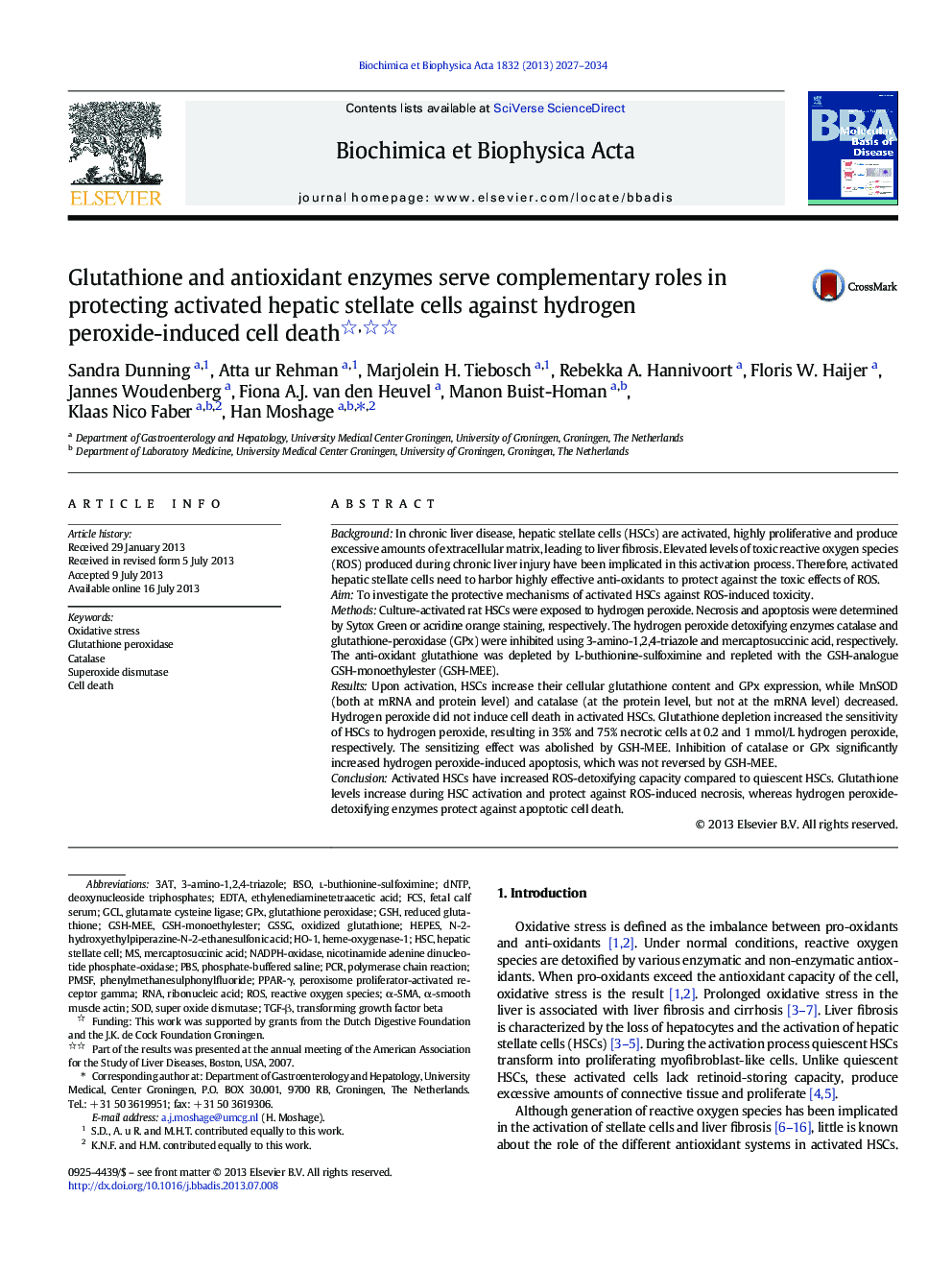 Glutathione and antioxidant enzymes serve complementary roles in protecting activated hepatic stellate cells against hydrogen peroxide-induced cell death