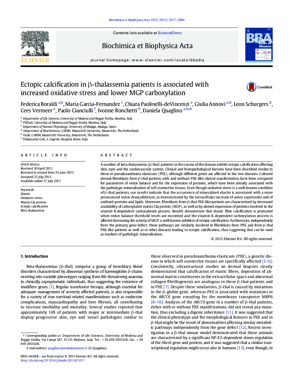 Ectopic calcification in Î²-thalassemia patients is associated with increased oxidative stress and lower MGP carboxylation