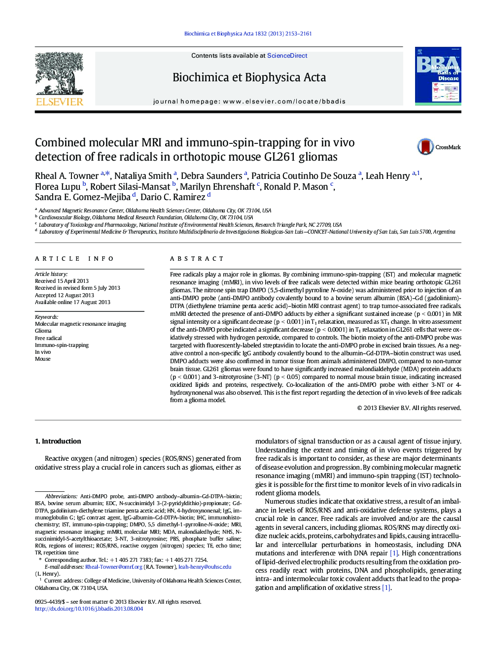 Combined molecular MRI and immuno-spin-trapping for in vivo detection of free radicals in orthotopic mouse GL261 gliomas