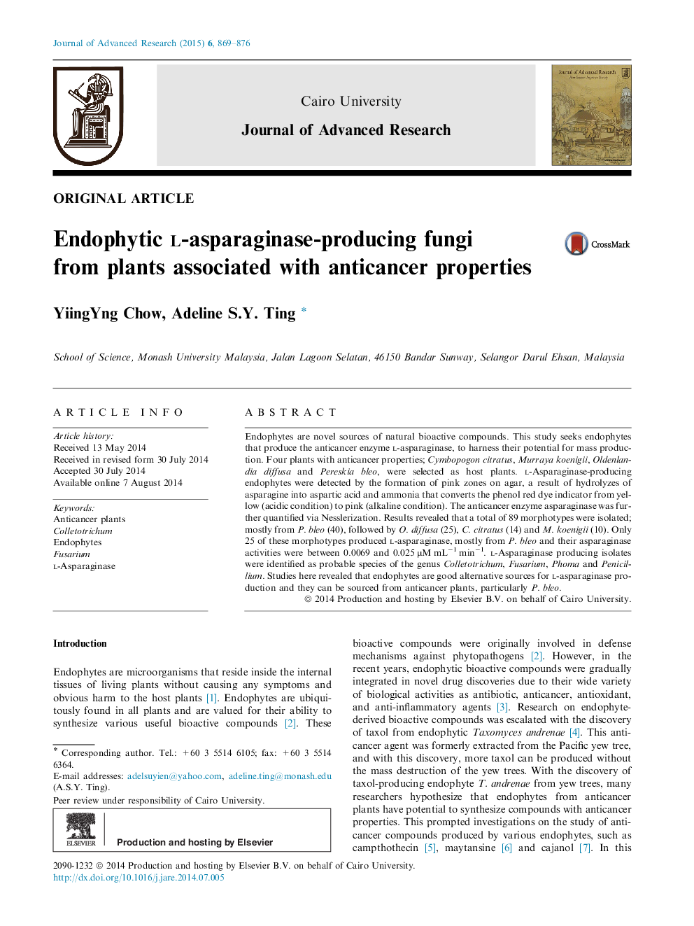 Endophytic l-asparaginase-producing fungi from plants associated with anticancer properties 