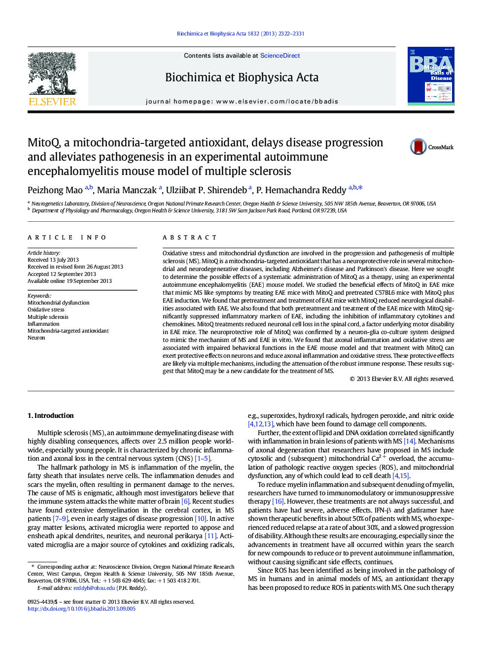 MitoQ, a mitochondria-targeted antioxidant, delays disease progression and alleviates pathogenesis in an experimental autoimmune encephalomyelitis mouse model of multiple sclerosis