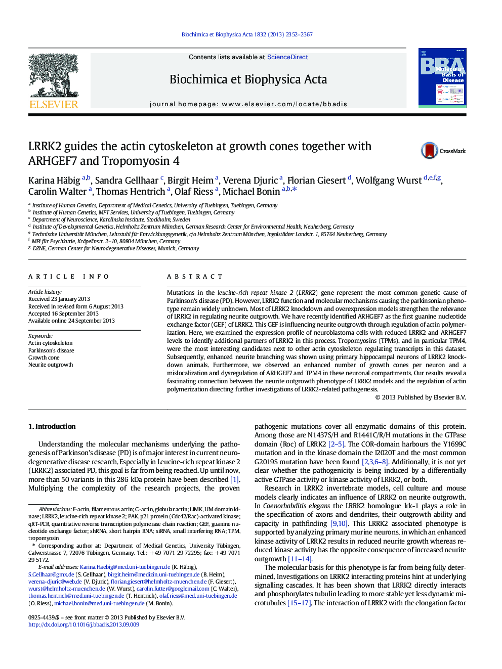 LRRK2 guides the actin cytoskeleton at growth cones together with ARHGEF7 and Tropomyosin 4