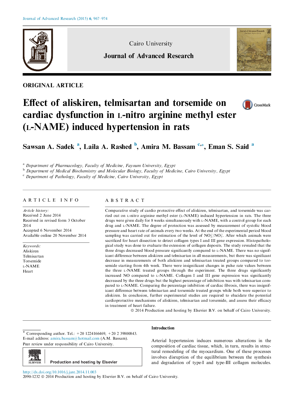 Effect of aliskiren, telmisartan and torsemide on cardiac dysfunction in l-nitro arginine methyl ester (l-NAME) induced hypertension in rats 