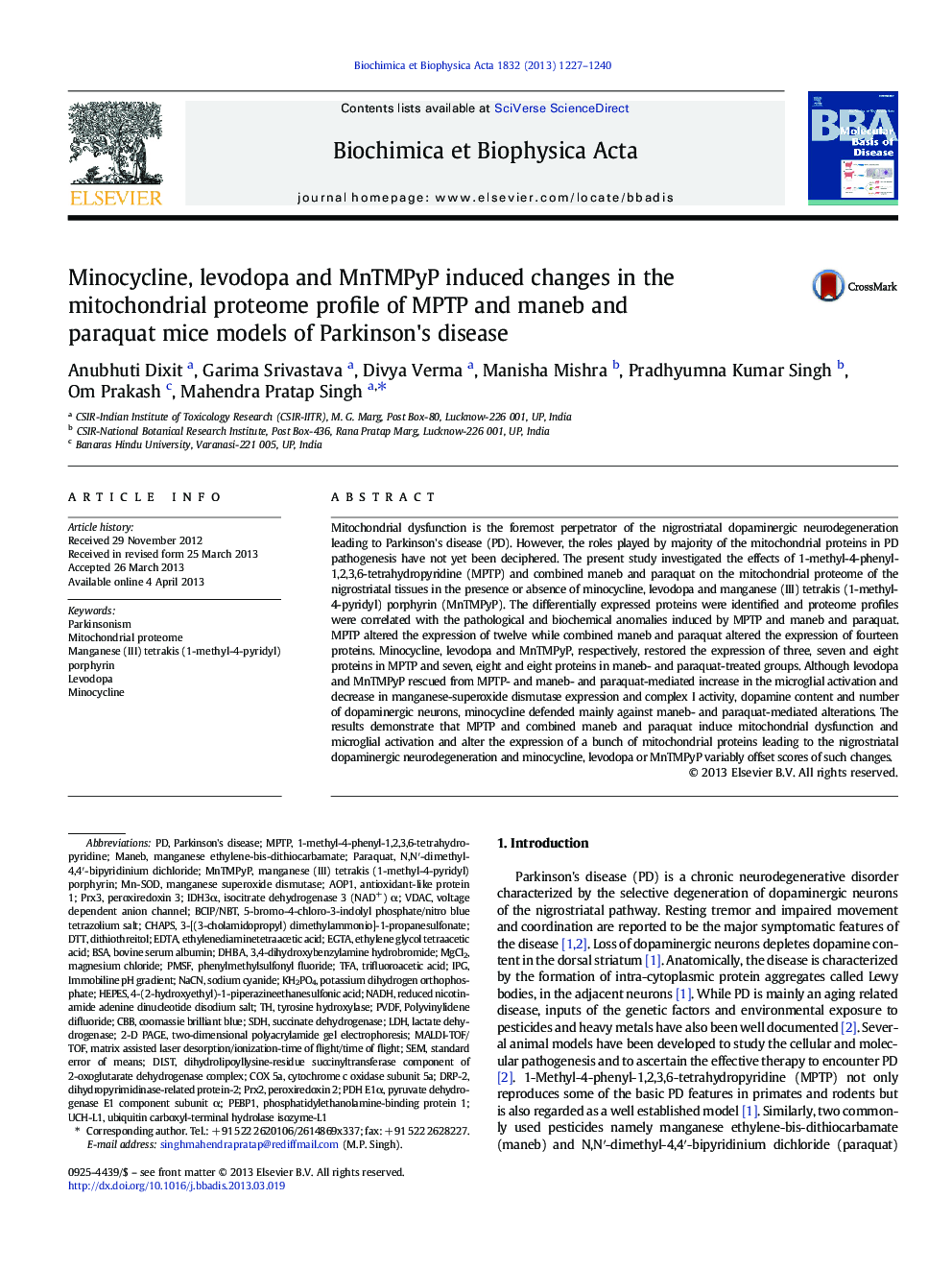 Minocycline, levodopa and MnTMPyP induced changes in the mitochondrial proteome profile of MPTP and maneb and paraquat mice models of Parkinson's disease