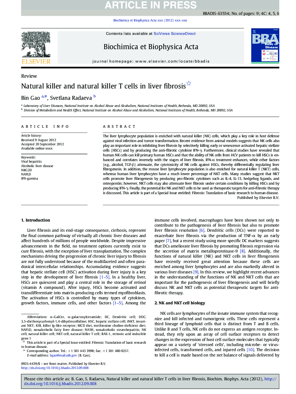 Natural killer and natural killer T cells in liver fibrosis