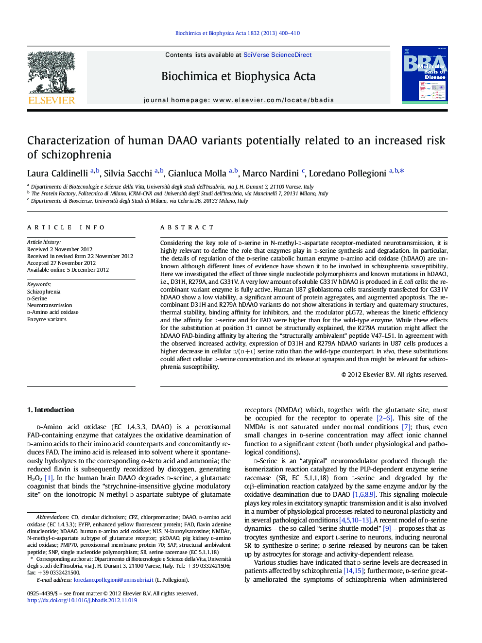 Characterization of human DAAO variants potentially related to an increased risk of schizophrenia