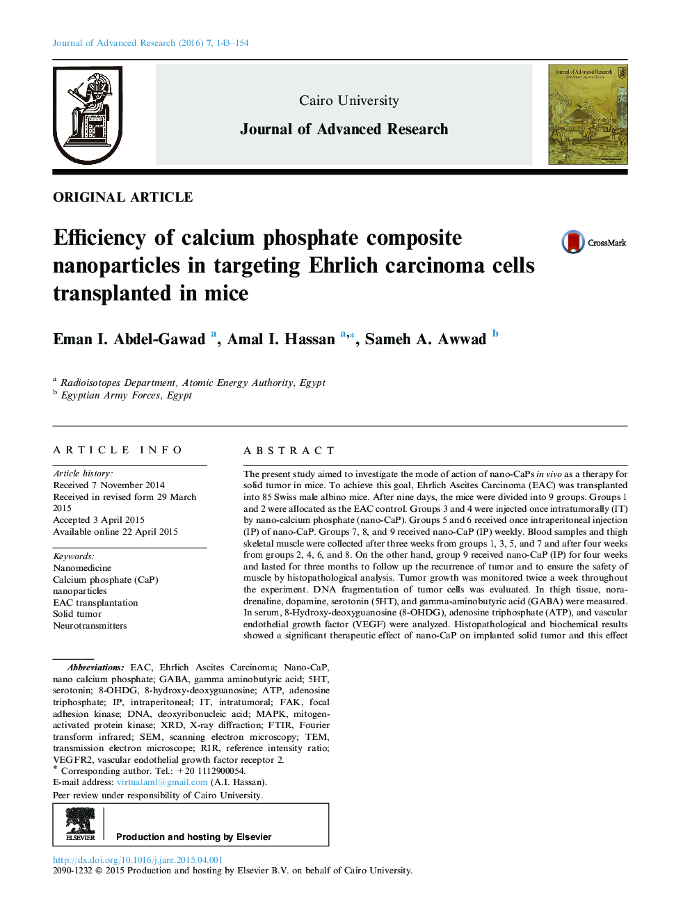 Efficiency of calcium phosphate composite nanoparticles in targeting Ehrlich carcinoma cells transplanted in mice 