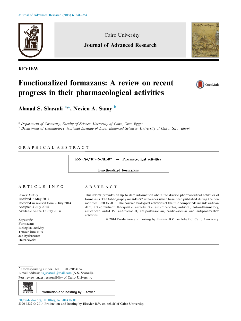 Functionalized formazans: A review on recent progress in their pharmacological activities 