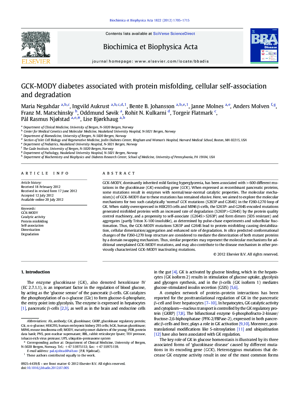 GCK-MODY diabetes associated with protein misfolding, cellular self-association and degradation