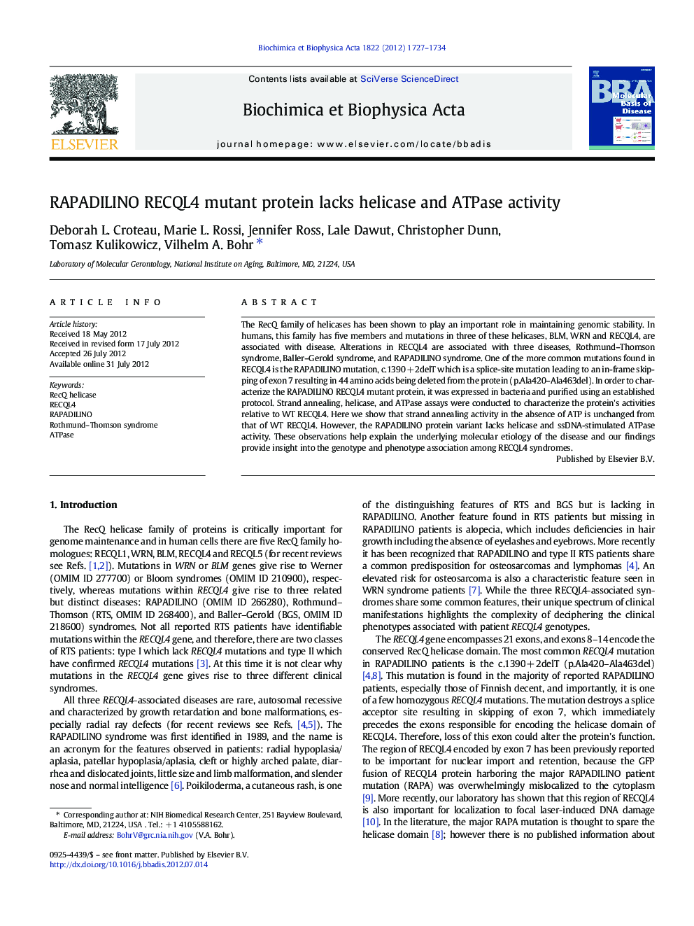 RAPADILINO RECQL4 mutant protein lacks helicase and ATPase activity