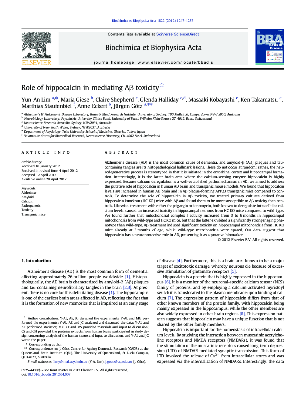 Role of hippocalcin in mediating AÎ² toxicity