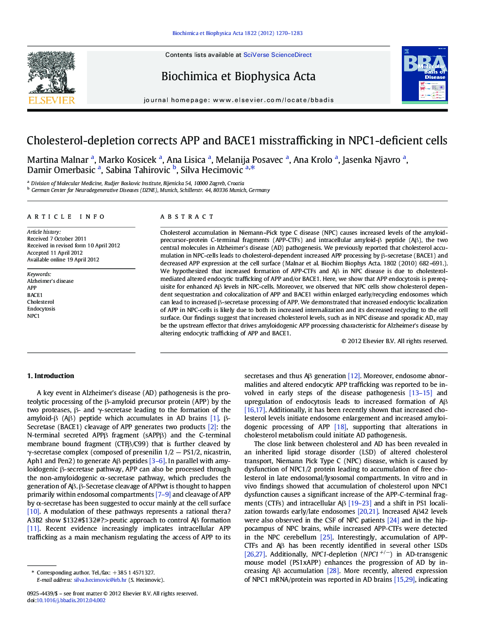 Cholesterol-depletion corrects APP and BACE1 misstrafficking in NPC1-deficient cells