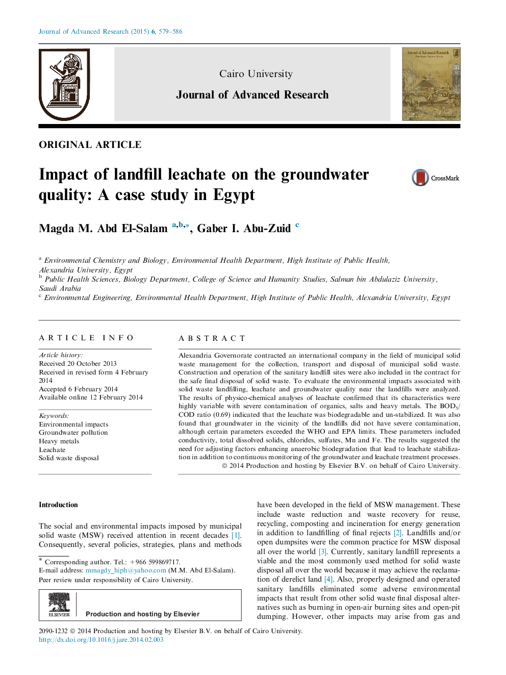 Impact of landfill leachate on the groundwater quality: A case study in Egypt 