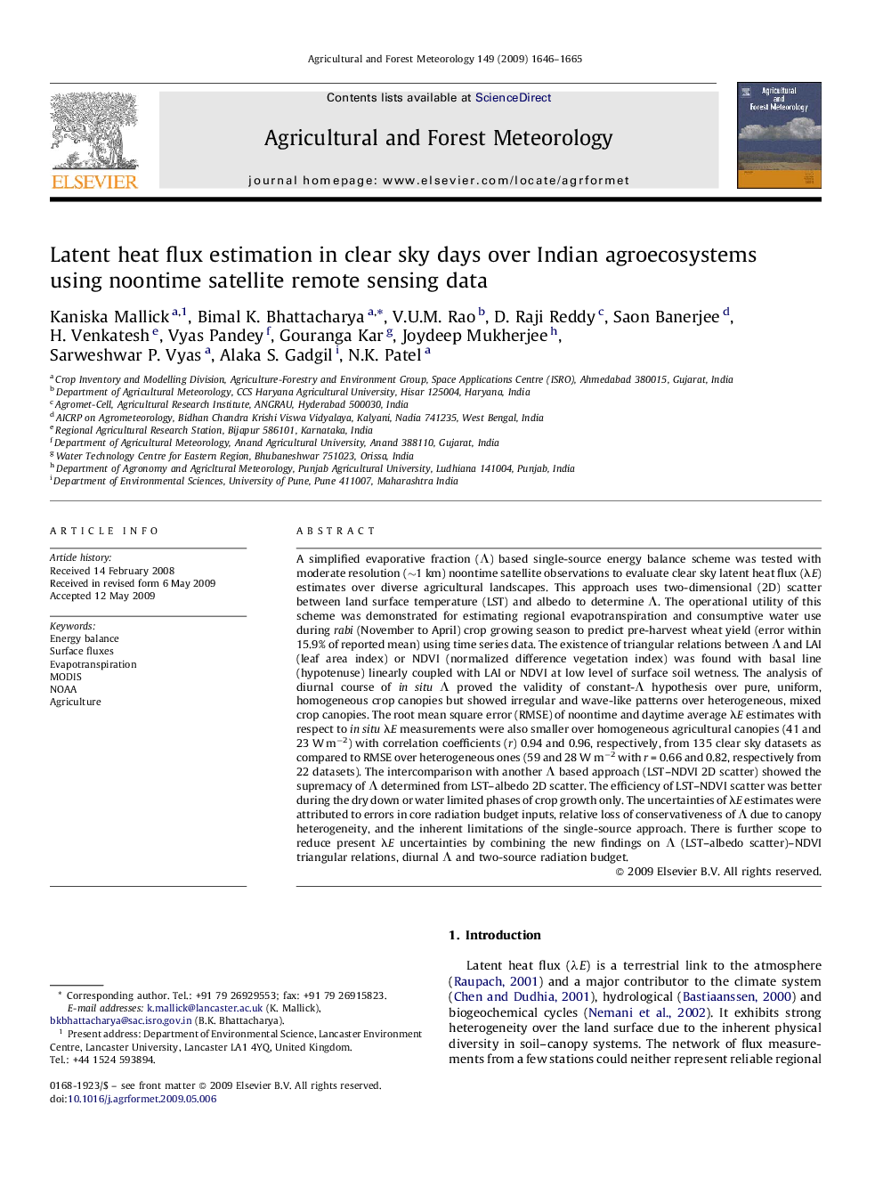 Latent heat flux estimation in clear sky days over Indian agroecosystems using noontime satellite remote sensing data