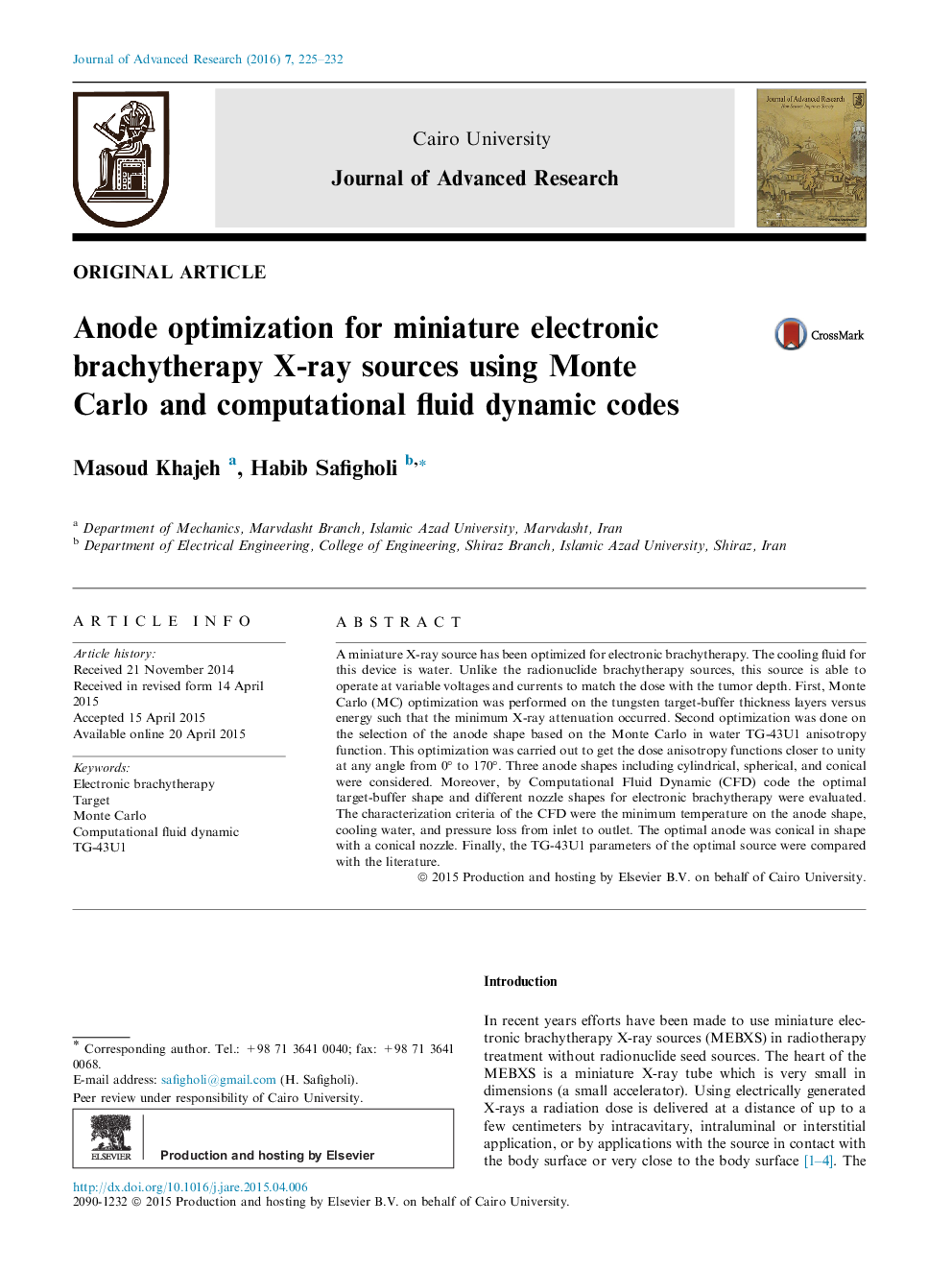 Anode optimization for miniature electronic brachytherapy X-ray sources using Monte Carlo and computational fluid dynamic codes 