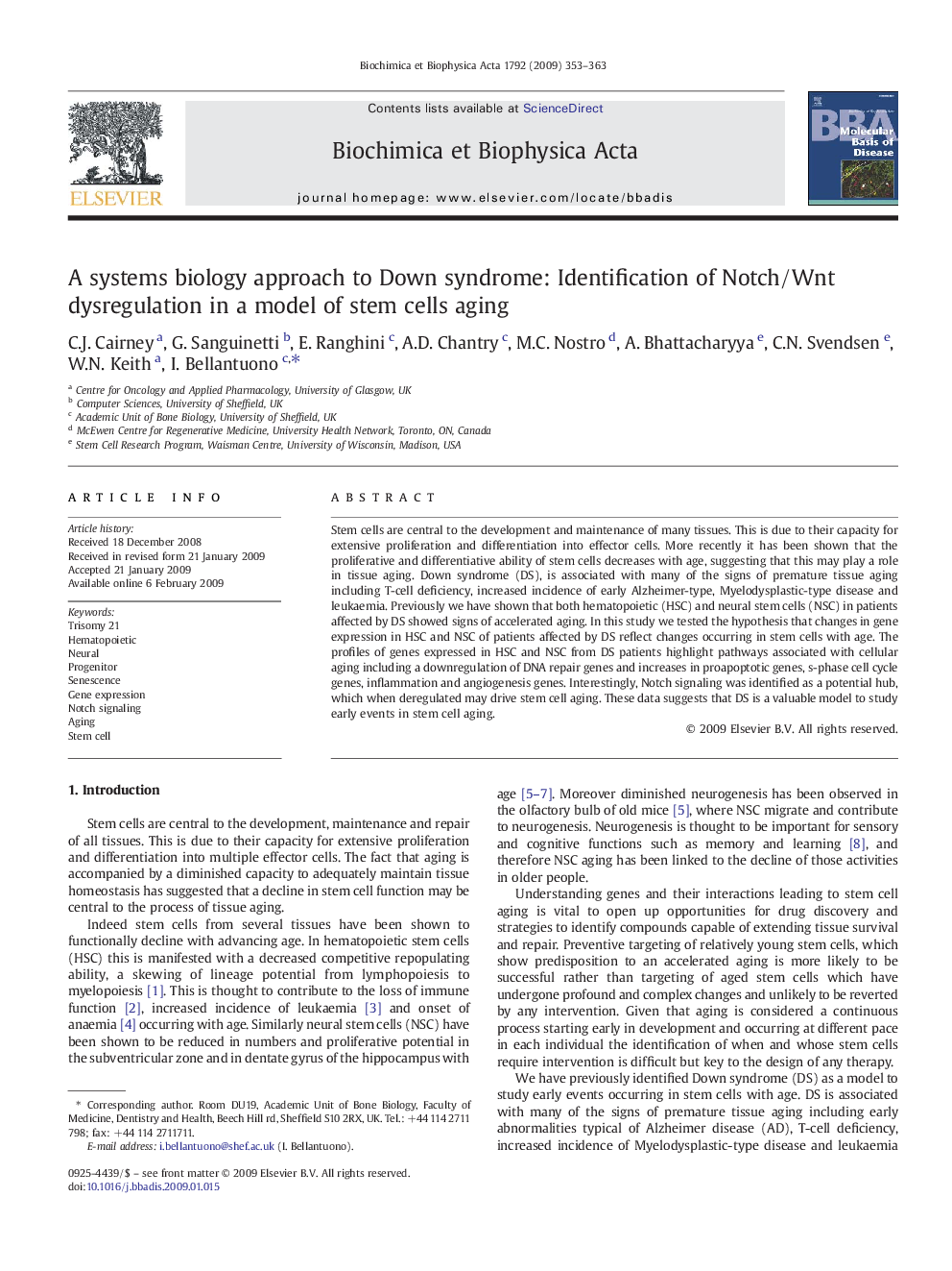 A systems biology approach to Down syndrome: Identification of Notch/Wnt dysregulation in a model of stem cells aging