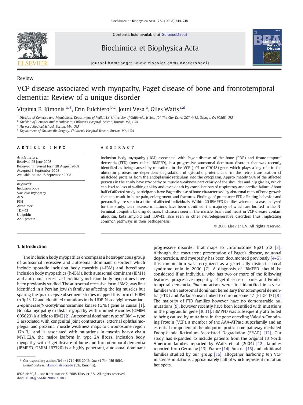 VCP disease associated with myopathy, Paget disease of bone and frontotemporal dementia: Review of a unique disorder