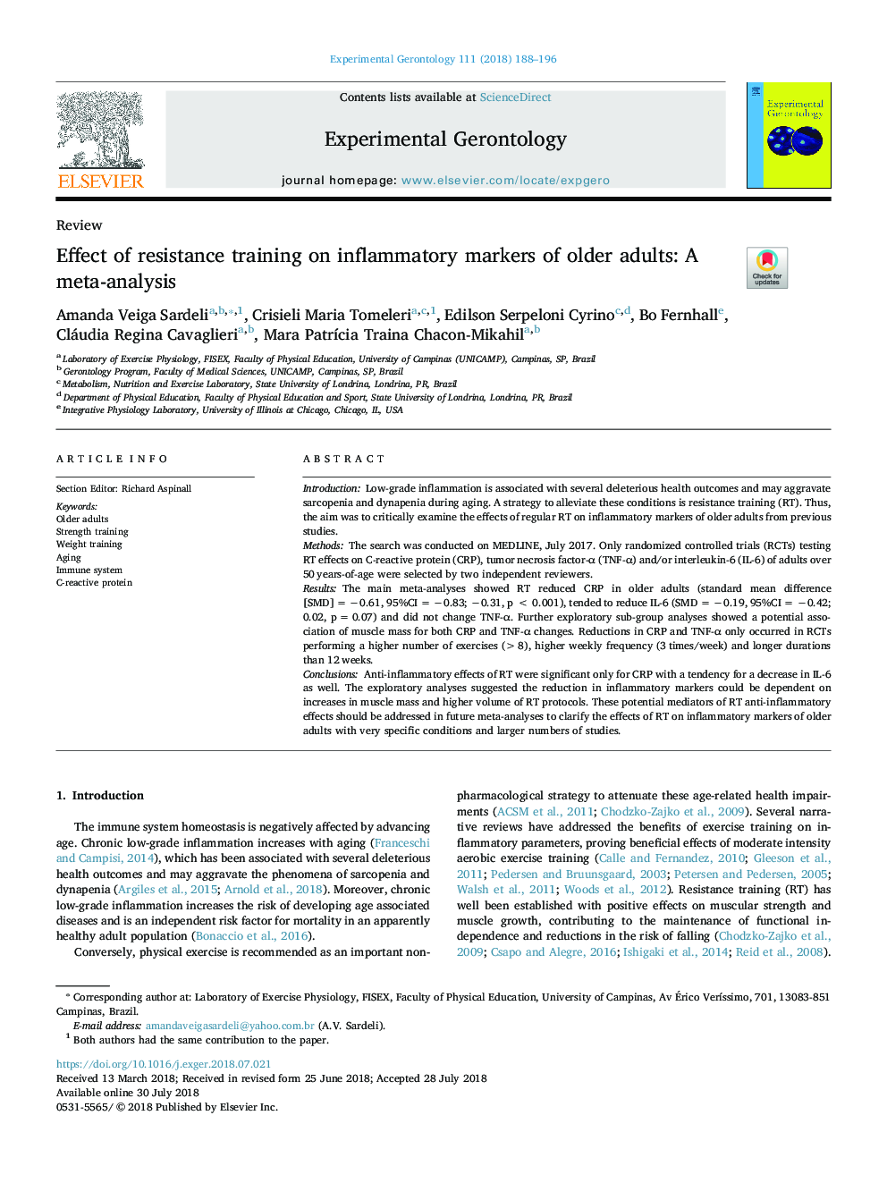 Effect of resistance training on inflammatory markers of older adults: A meta-analysis