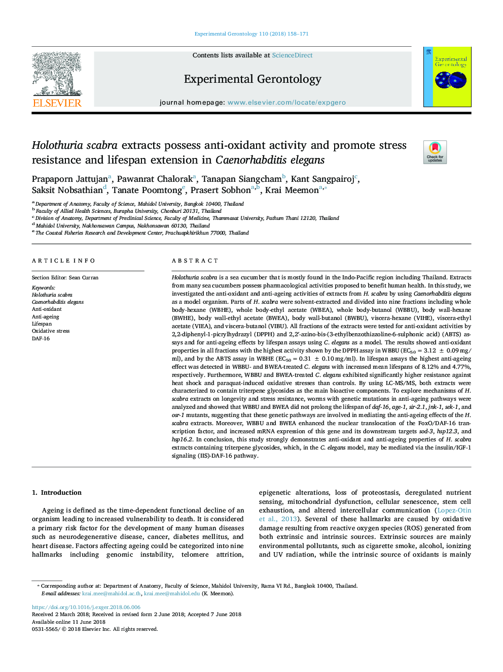 Holothuria scabra extracts possess anti-oxidant activity and promote stress resistance and lifespan extension in Caenorhabditis elegans