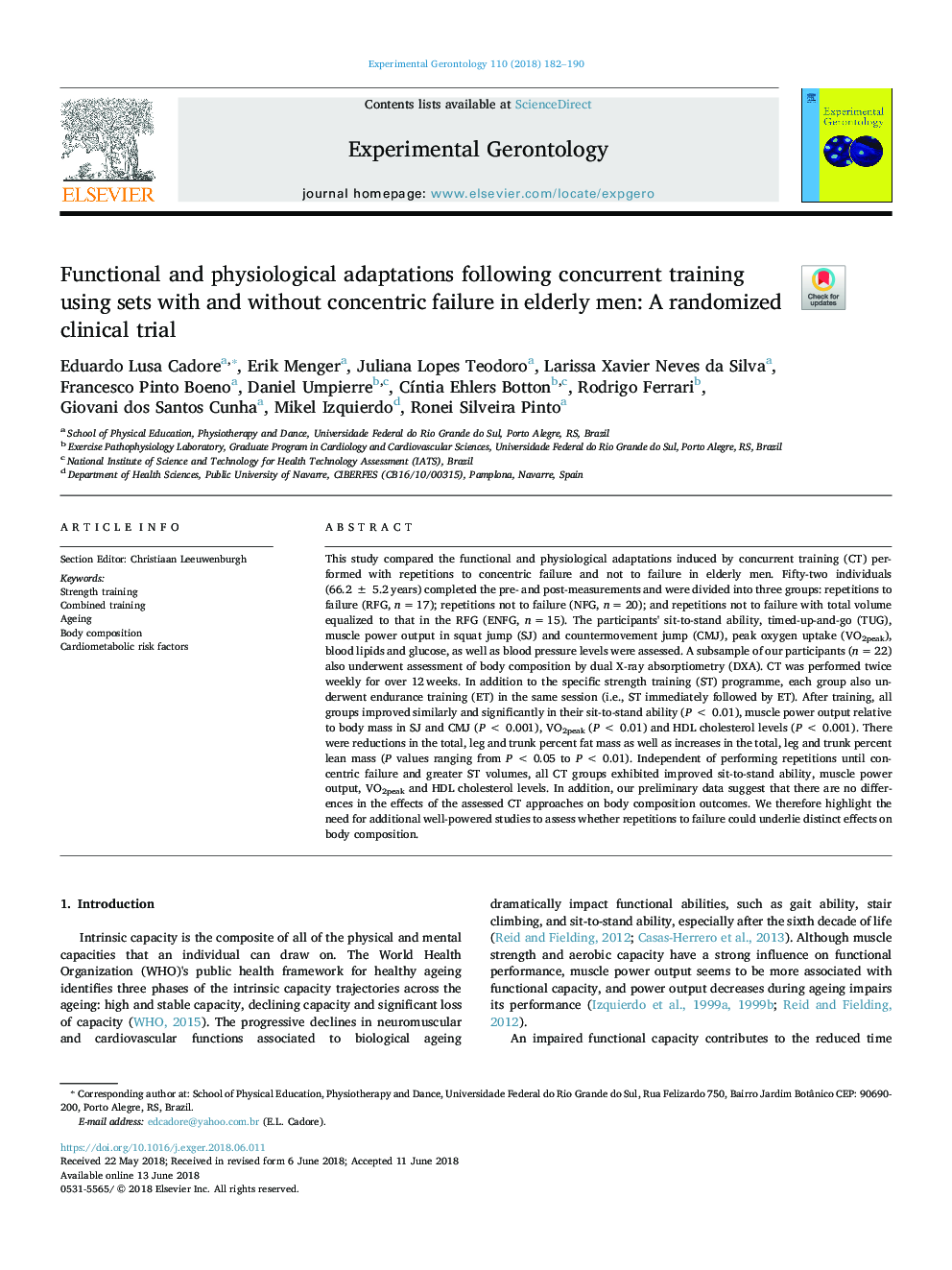 Functional and physiological adaptations following concurrent training using sets with and without concentric failure in elderly men: A randomized clinical trial