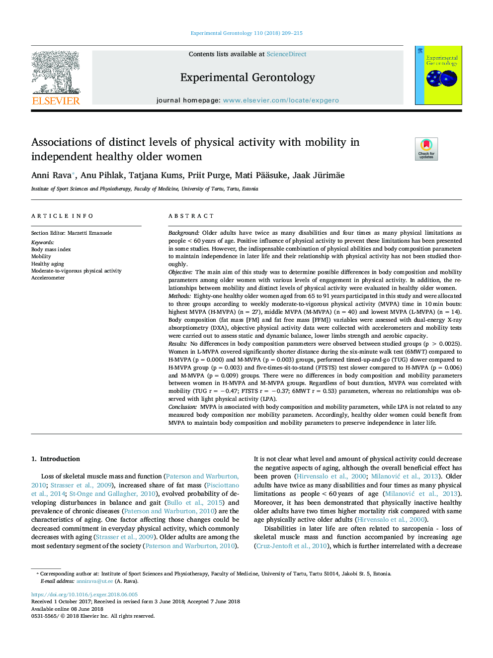 Associations of distinct levels of physical activity with mobility in independent healthy older women