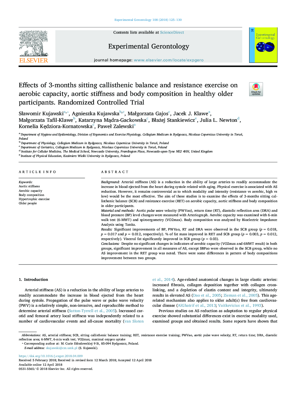 Effects of 3-months sitting callisthenic balance and resistance exercise on aerobic capacity, aortic stiffness and body composition in healthy older participants. Randomized Controlled Trial