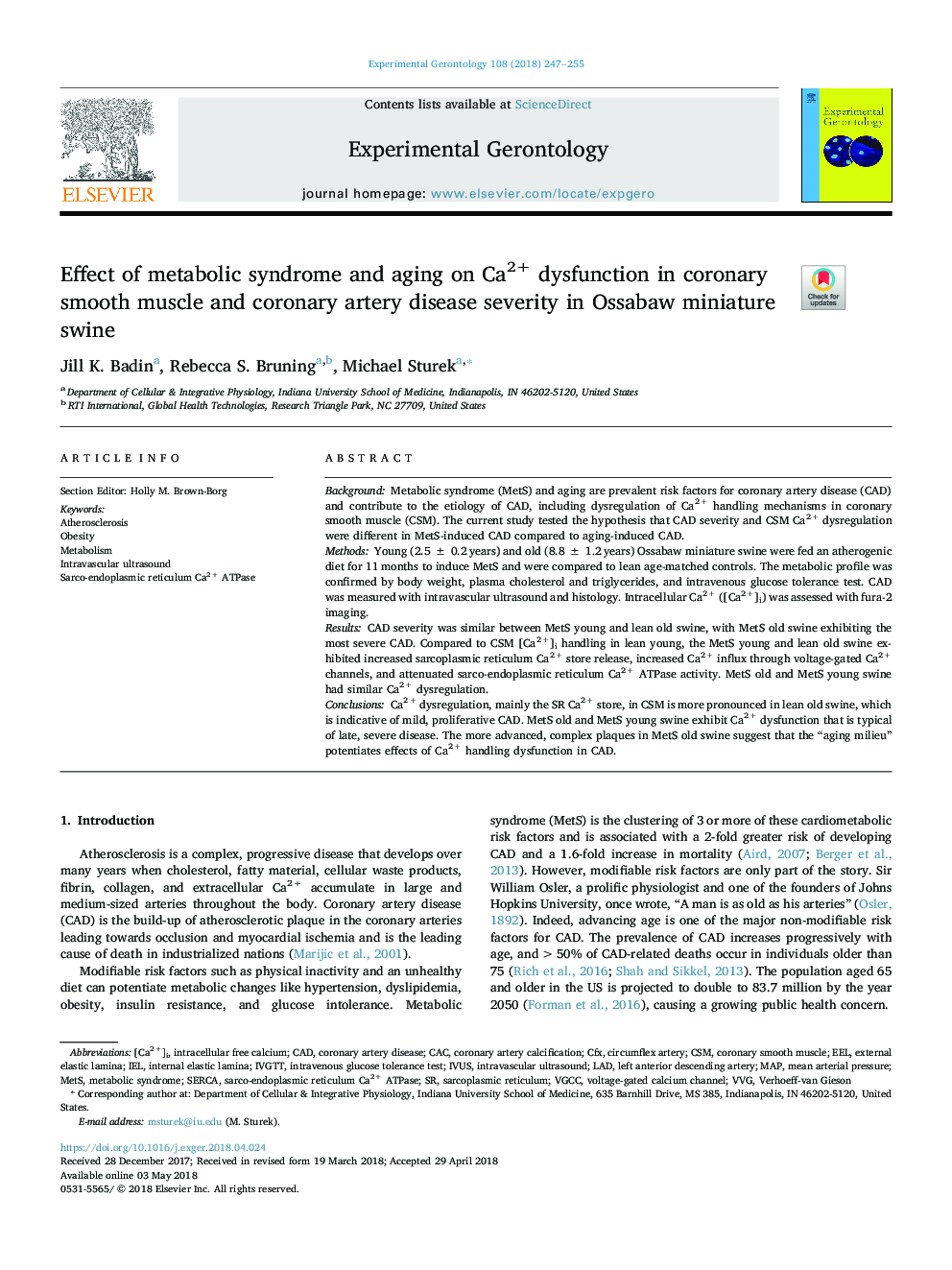 Effect of metabolic syndrome and aging on Ca2+ dysfunction in coronary smooth muscle and coronary artery disease severity in Ossabaw miniature swine