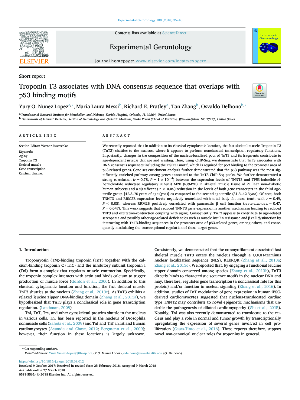 Troponin T3 associates with DNA consensus sequence that overlaps with p53 binding motifs