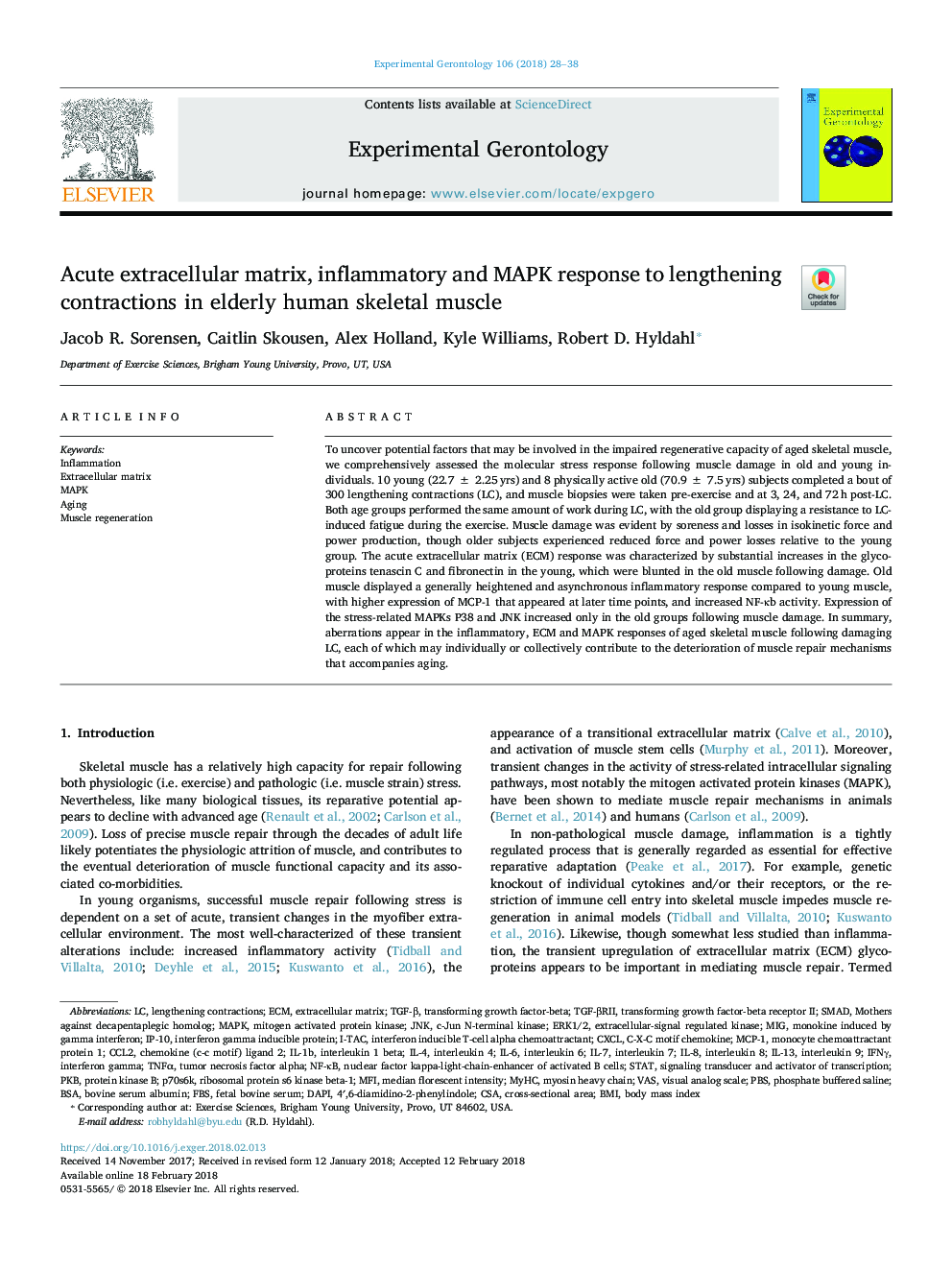 Acute extracellular matrix, inflammatory and MAPK response to lengthening contractions in elderly human skeletal muscle