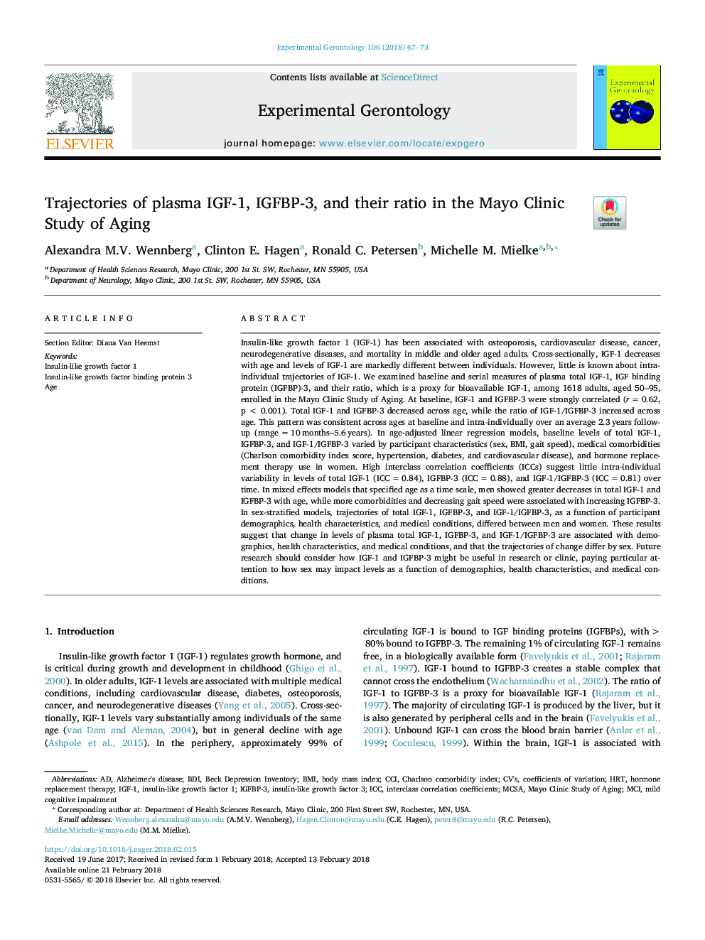 Trajectories of plasma IGF-1, IGFBP-3, and their ratio in the Mayo Clinic Study of Aging