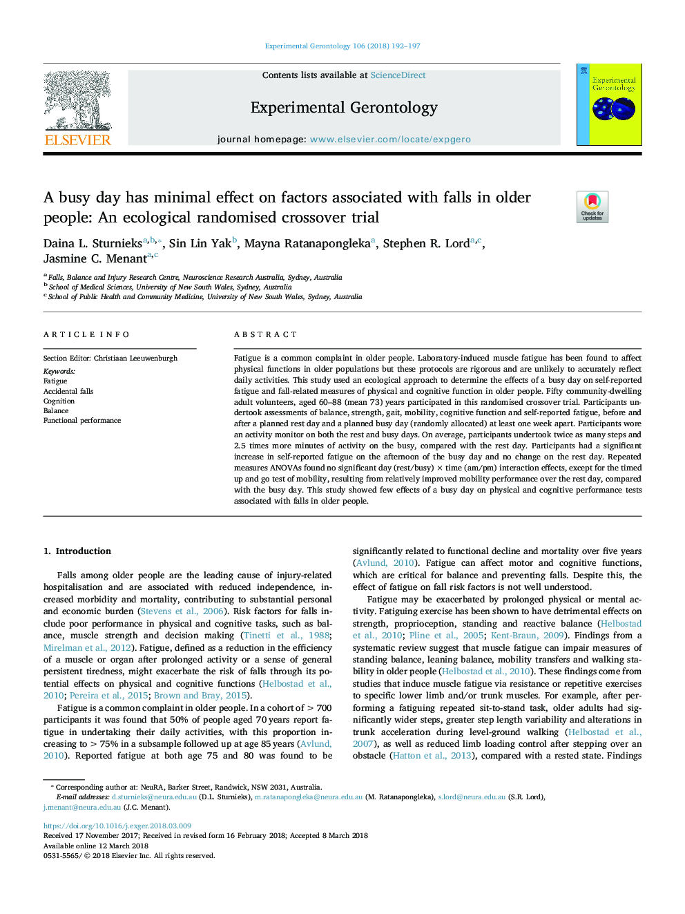 A busy day has minimal effect on factors associated with falls in older people: An ecological randomised crossover trial