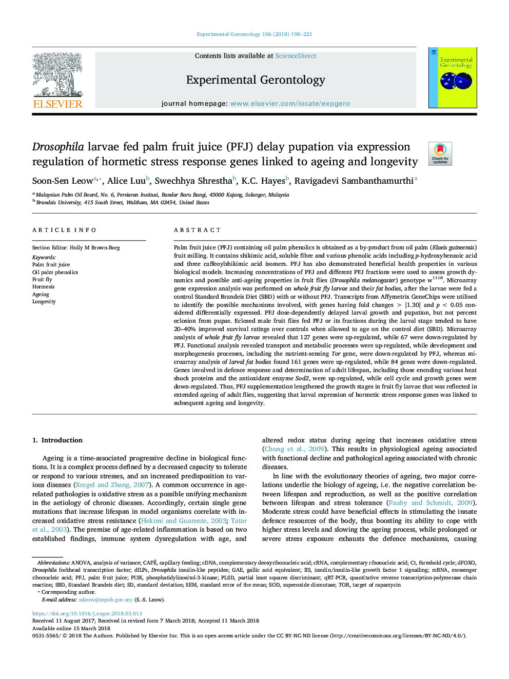 Drosophila larvae fed palm fruit juice (PFJ) delay pupation via expression regulation of hormetic stress response genes linked to ageing and longevity