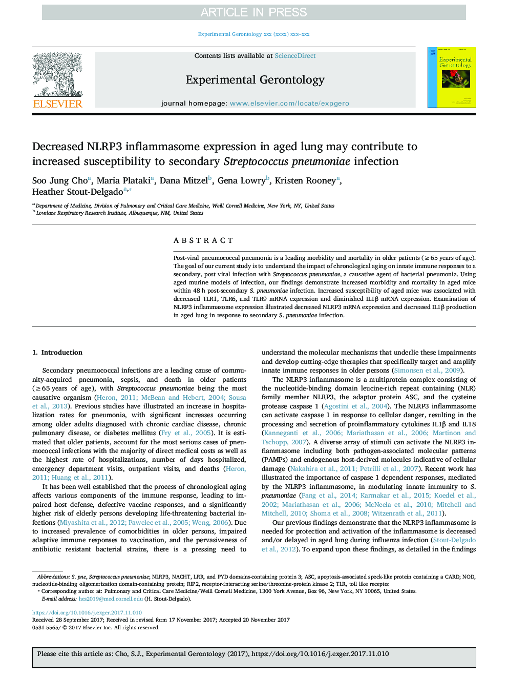 Decreased NLRP3 inflammasome expression in aged lung may contribute to increased susceptibility to secondary Streptococcus pneumoniae infection