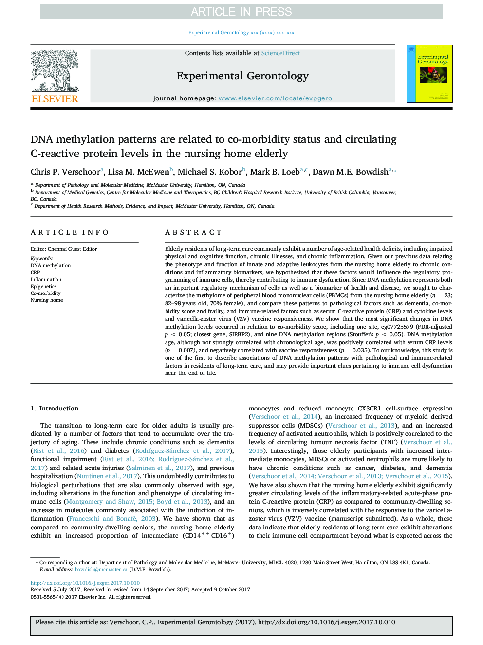 DNA methylation patterns are related to co-morbidity status and circulating C-reactive protein levels in the nursing home elderly