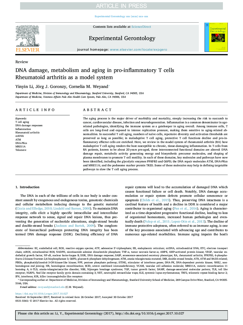 DNA damage, metabolism and aging in pro-inflammatory T cells