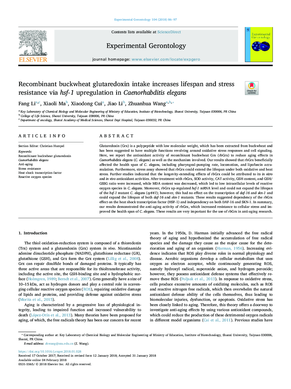 Recombinant buckwheat glutaredoxin intake increases lifespan and stress resistance via hsf-1 upregulation in Caenorhabditis elegans