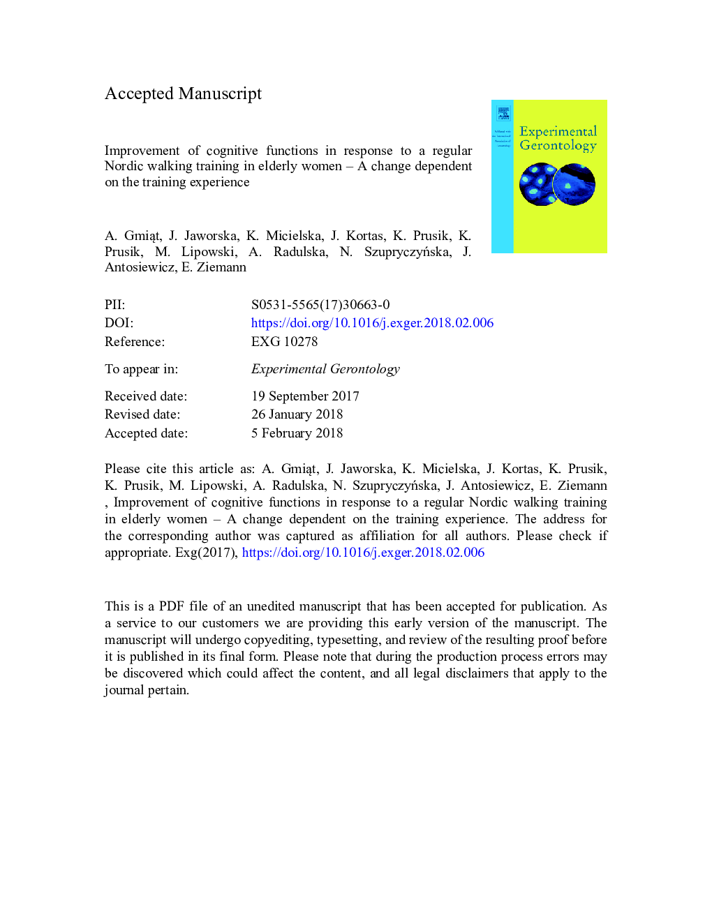 Improvement of cognitive functions in response to a regular Nordic walking training in elderly women - A change dependent on the training experience